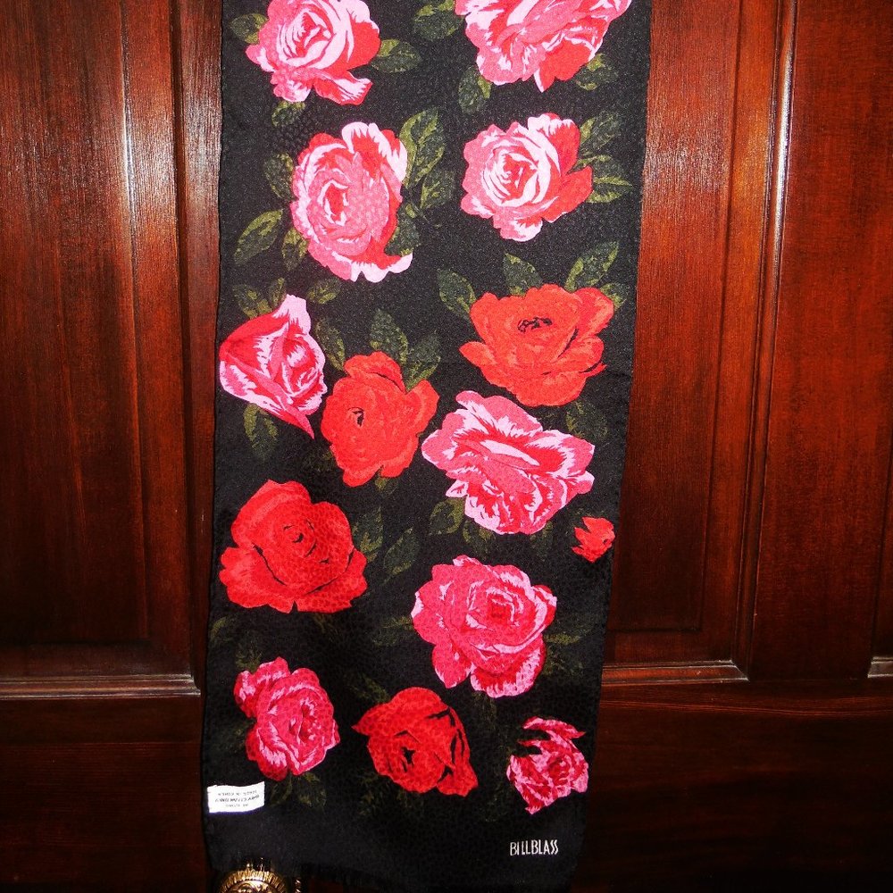 Bill Blass Roses Black Scarf  100% Silk Vintage